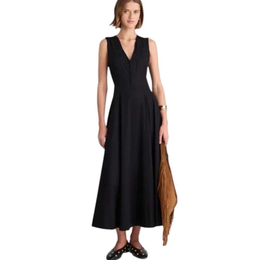 MADEWELL V-Neck Circle Midi Dress in Jet Black Cotton Poplin Sleeveless Size 6‎